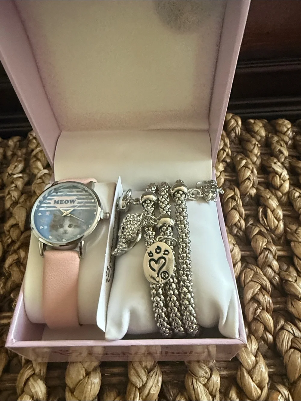 Pink Cat Face Watch with Silver Charm Bracelet Set